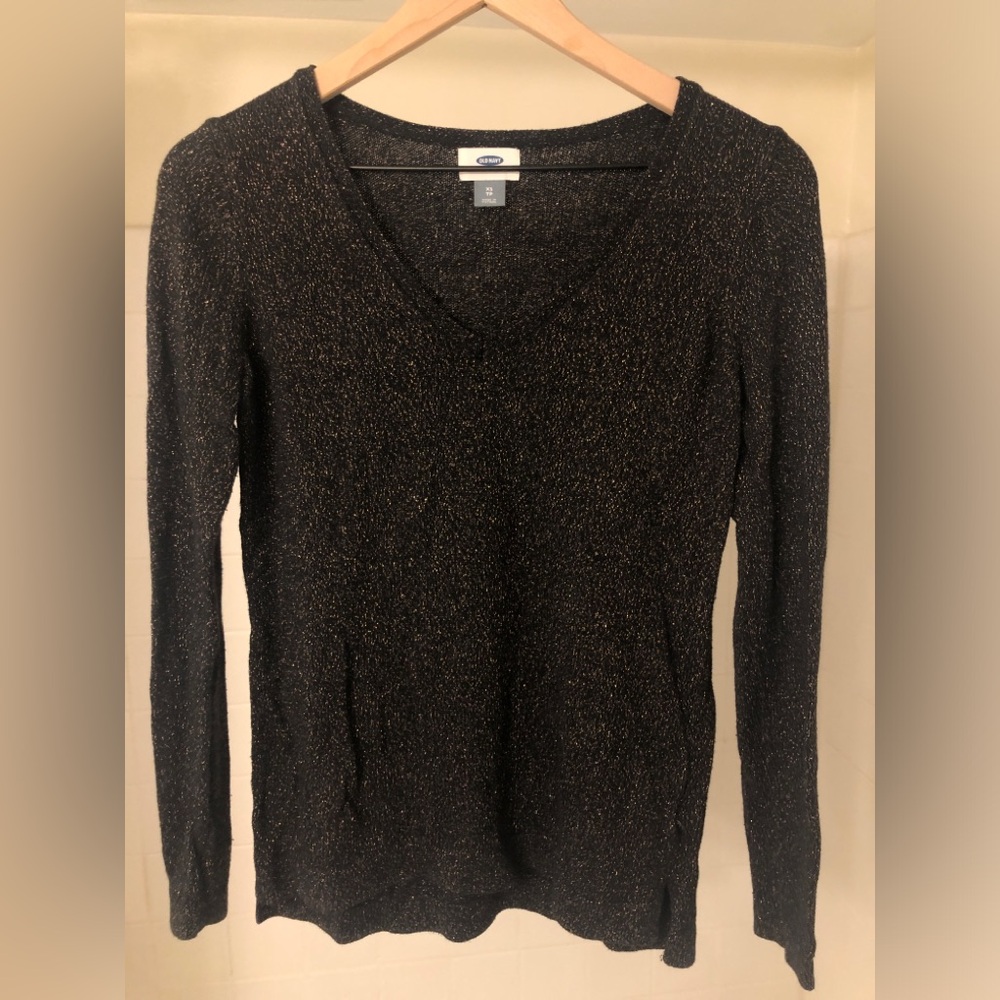 Old Navy V-Neck Sweater, XS, Black with gold thread
